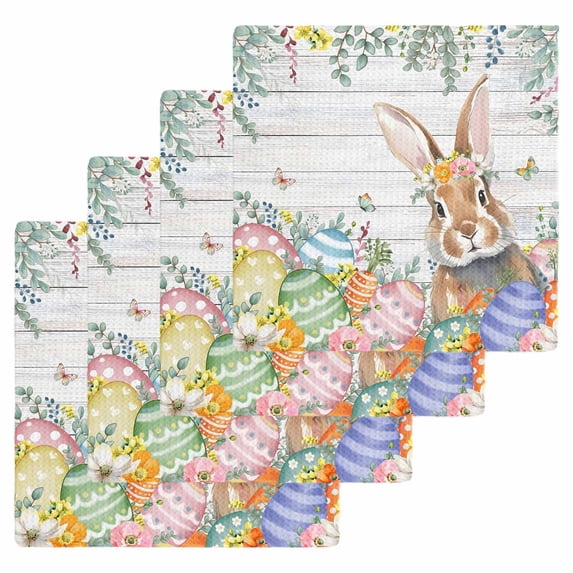 Easter Bunny Kitchen Dish Towels for Drying Dishes Set of 4, Colorful Easter Eggs Eucalyptus Grey Wooden Waffle Weave Microfiber Hand Tea Bathroom Towels Quick Dry & Absorbent Towel 12x12