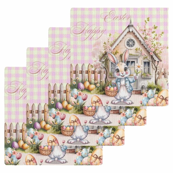 Easter Bunny Kitchen Dish Towels for Drying Dishes Set of 4, Colorful Eggs Spring Flowers Pastoral Pink Plaid Waffle Weave Microfiber Hand Tea Bathroom Towels Quick Dry & Absorbent Towel 12x12