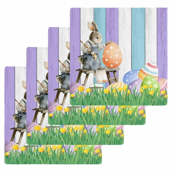 Easter Bunny Kitchen Dish Towels for Drying Dishes Set of 4, Colorful Eggs Spring Grass Purple Blue Wooden Waffle Weave Microfiber Hand Tea Bathroom Towels Quick Dry & Absorbent Towel 12x12