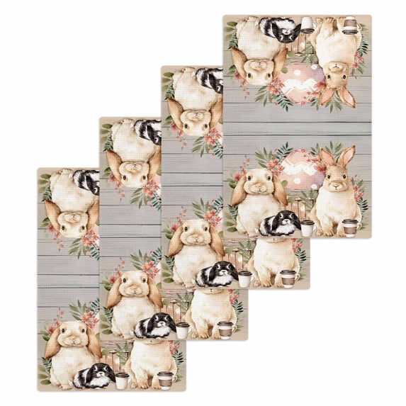 Easter Bunny Kitchen Dish Towels for Drying Dishes Set of 4, Eggs Green Leaves Country Farmhouse Wooden Waffle Weave Microfiber Hand Tea Bathroom Towels Quick Dry & Absorbent Towel 15.7x23.6