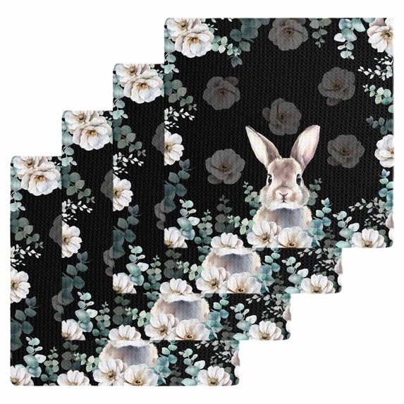 Easter Bunny Kitchen Dish Towels for Drying Dishes Set of 4, Eucalyptus Leaves Rabbit Flowers Black Waffle Weave Microfiber Hand Tea Bathroom Towels Quick Dry & Absorbent Towel 12x12