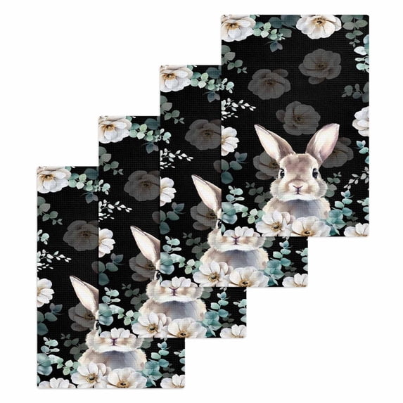 Easter Bunny Kitchen Dish Towels for Drying Dishes Set of 4, Eucalyptus Leaves Rabbit Flowers Black Waffle Weave Microfiber Hand Tea Bathroom Towels Quick Dry & Absorbent Towel 15.7x23.6