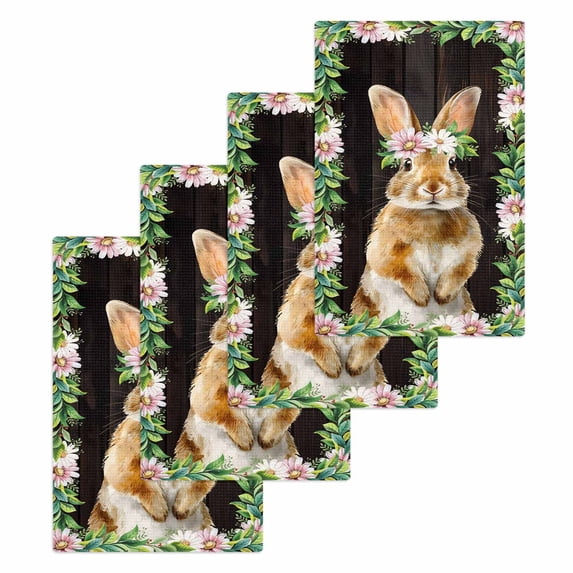 Easter Bunny Kitchen Dish Towels for Drying Dishes Set of 4, Spring Daisy Botanical Leaves Brown Wood Waffle Weave Microfiber Hand Tea Bathroom Towels Quick Dry & Absorbent Towel 15.7x23.6