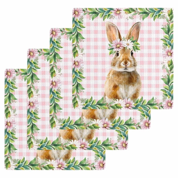 Easter Bunny Kitchen Dish Towels for Drying Dishes Set of 4, Spring Daisy Botanical Leaves Pink Plaid Waffle Weave Microfiber Hand Tea Bathroom Towels Quick Dry & Absorbent Towel 12x12