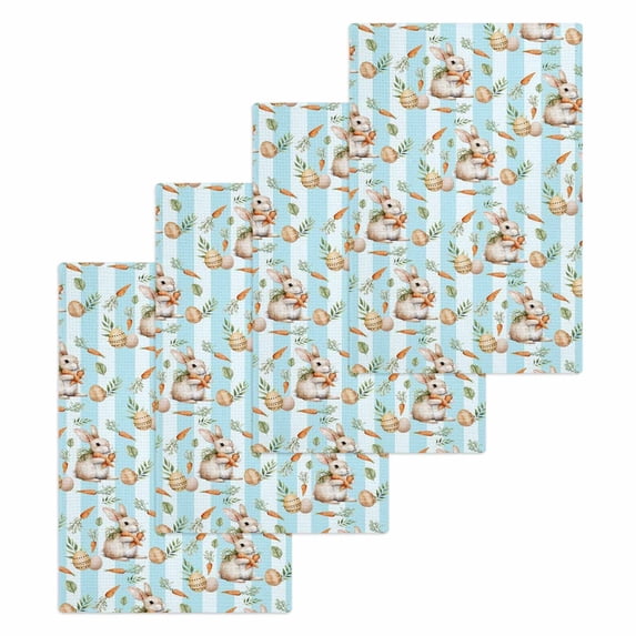 Easter Bunny Kitchen Dish Towels for Drying Dishes Set of 4, Spring Easter Eggs Botanical Blue Striped Waffle Weave Microfiber Hand Tea Bathroom Towels Quick Dry & Absorbent Towel 15.7x23.6
