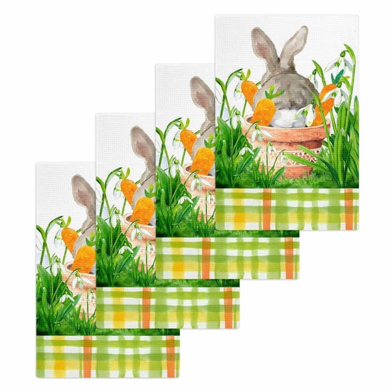 Easter Bunny Kitchen Dish Towels for Drying Dishes Set of 4, Spring Garden Floral Botanical Plaid Rustic Waffle Weave Microfiber Hand Tea Bathroom Towels Quick Dry & Absorbent Towel 15.7x23.6