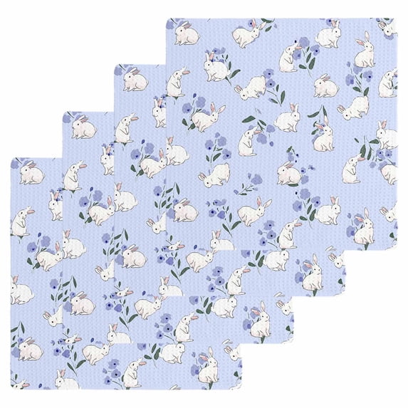 Easter Bunny Kitchen Dish Towels for Drying Dishes Set of 4, Spring Purple Flower Rustic Rabbit Blue Waffle Weave Microfiber Hand Tea Bathroom Towels Quick Dry & Absorbent Towel 12x12