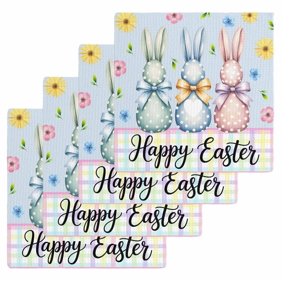 Easter Bunny Kitchen Dish Towels for Drying Dishes Set of 4, Spring Watercolor Polka Dot Flower Plaid Blue Waffle Weave Microfiber Hand Tea Bathroom Towels Quick Dry & Absorbent Towel 12x12
