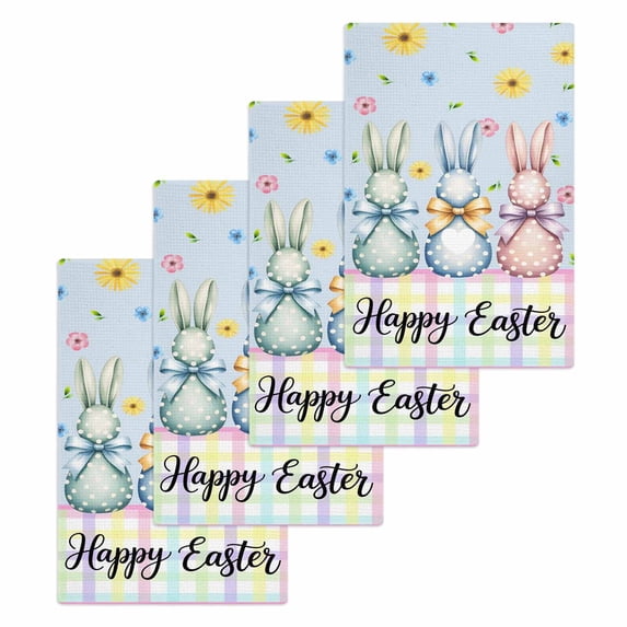 Easter Bunny Kitchen Dish Towels for Drying Dishes Set of 4, Spring Watercolor Polka Dot Flower Plaid Blue Waffle Weave Microfiber Hand Tea Bathroom Towels Quick Dry & Absorbent Towel 15.7x23.6