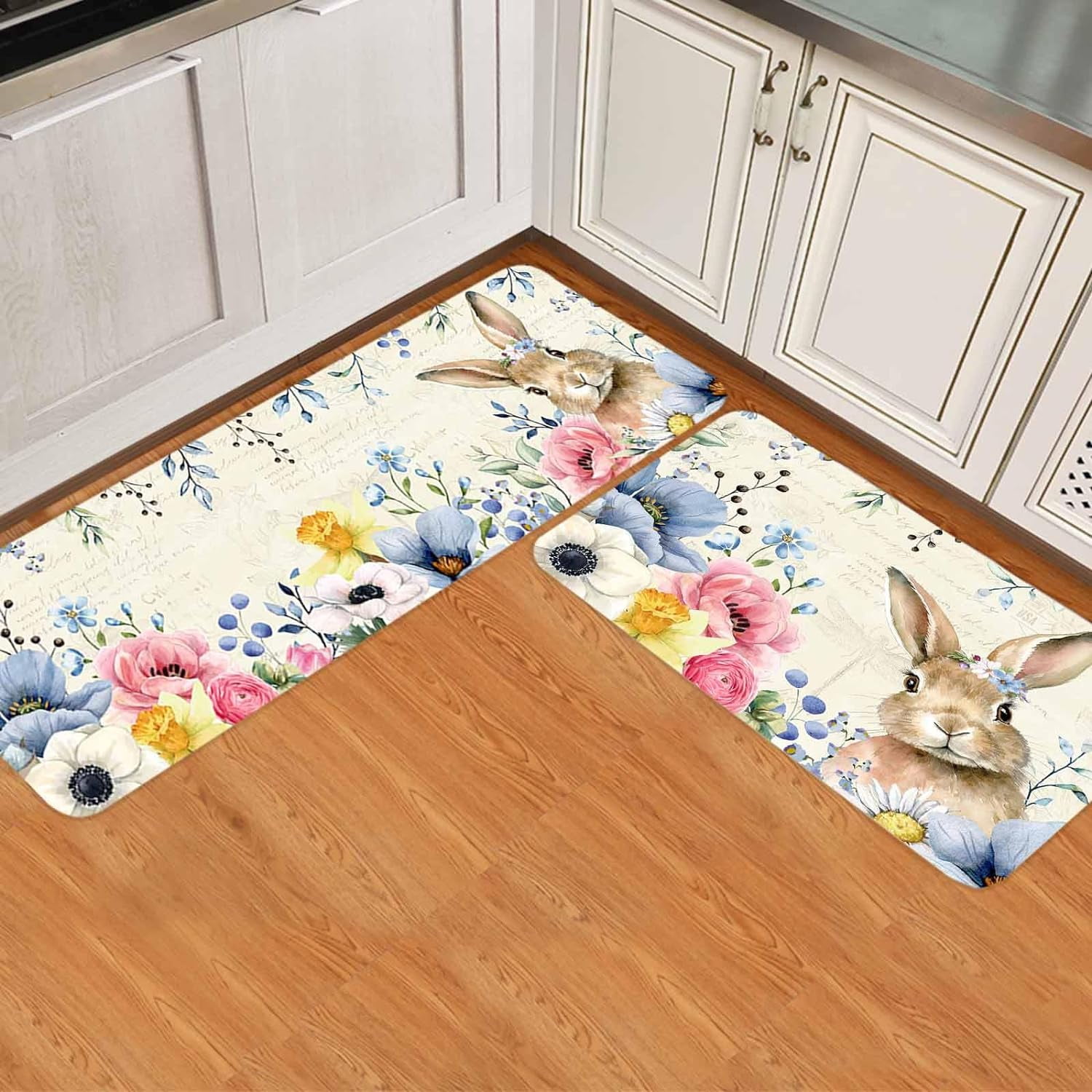 Easter Bunny Kitchen Mats for Floor 2 Piece, Spring Rabbit Flowers