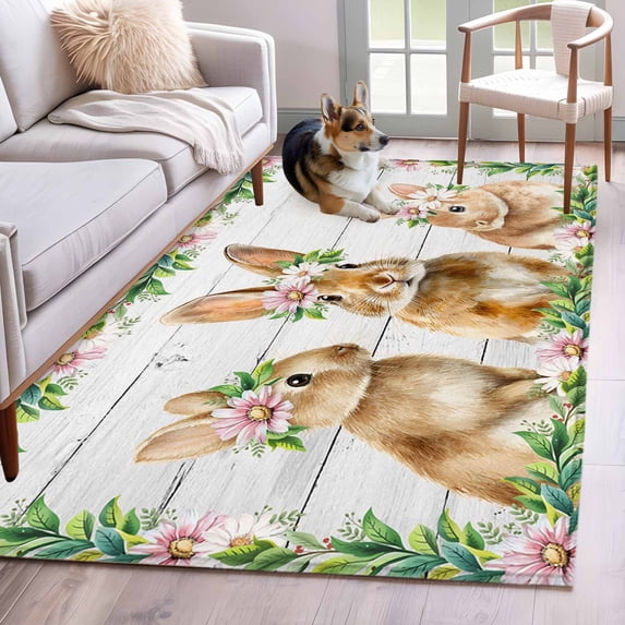 Easter Bunny Kitchen Runner Rug 2.7x5 Washable Runners for Hallway Non Slip Spring Daisy Botanical Leaves Gray Wooden Large Area Rug Indoor Floor Carpet for Bathroom Laundry Entryway Bedroom