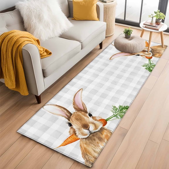 Easter Bunny Kitchen Runner Rug 2x6 Washable Runners for Hallway Non Slip Spring Rabbits Carrots Gray Buffalo Plaid Large Area Rug Indoor Floor Carpet for Bathroom Laundry Entryway Bedroom