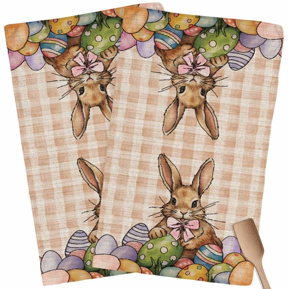 Easter Bunny, Kitchen Towel Dish Cloths Set of 2, Microfiber Soft Kitchen Hand Towels, Vintage Plaid Orange Easter Eggs Rabbits Absorbent Quick Drying Dishcloths 18 x 28 Inches