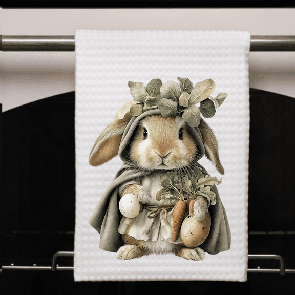 Easter Bunny Kitchen Towel – Farmhouse Spring Decor, Absorbent Waffle Weave 16x24 Dish Drying Cloth