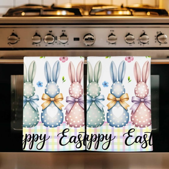 Easter Bunny Kitchen Towels Set of 1, Spring Watercolor Polka Dot Flower Plaid Absorbent Dish Towels for Kitchen, Microfiber Hand Towel, Quick Drying Tea Towel for Cleaning Decorative Dishcloths