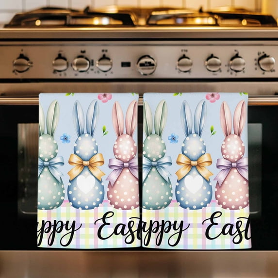 Easter Bunny Kitchen Towels Set of 1, Spring Watercolor Polka Dot Flower Plaid Blue Absorbent Dish Towels for Kitchen, Microfiber Hand Towel, Quick Drying Tea Towel for Cleaning Decorative Dishcloths