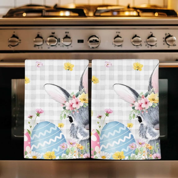 Easter Bunny Kitchen Towels Set of 2, Blue Easter Eggs Spring Floral Grey Plaid Absorbent Dish Towels for Kitchen, Microfiber Hand Towel, Quick Drying Tea Towel for Cleaning Decorative Dishcloths