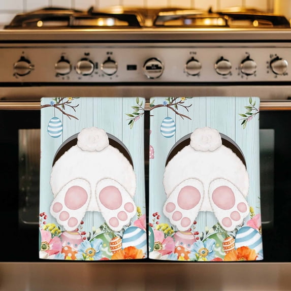 Easter Bunny Kitchen Towels Set of 2, Easter Eggs Spring Farmhouse Wood Grain Teal Blue Absorbent Dish Towels for Kitchen, Microfiber Hand Towel, Quick Drying Tea Towel for Cleaning Dishcloths