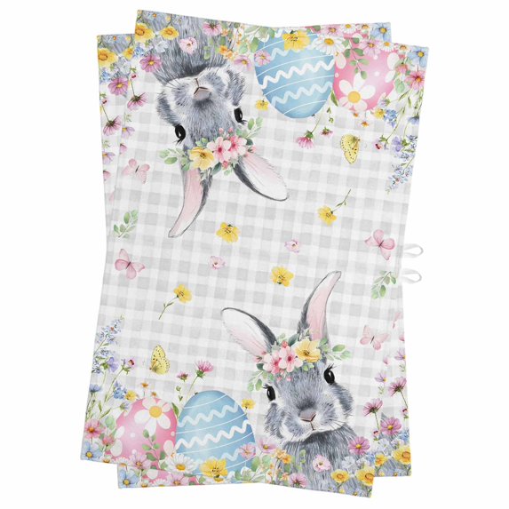 Easter Bunny Kitchen Towels Set of 2, Water Absorbent Dish Towel, Blue Easter Eggs Spring Floral Grey Plaid Decorative Hand Towels - Quick Drying Cloth for Cooking Baking, 18x28 Inch