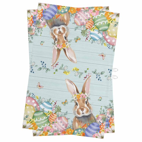 Easter Bunny Kitchen Towels Set of 2, Water Absorbent Dish Towel, Colorful Easter Eggs Eucalyptus Teal Wooden Decorative Hand Towels - Quick Drying Cloth for Cooking Baking, 18x28 Inch