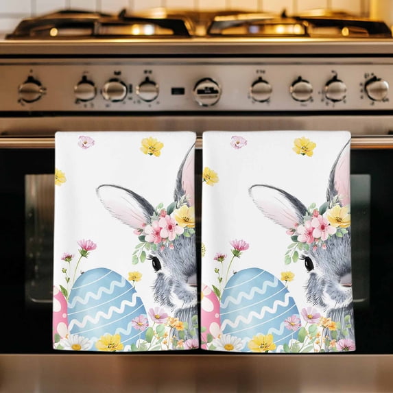 Easter Bunny Kitchen Towels Set of 3, Blue Easter Eggs Spring Floral Butterflies Absorbent Dish Towels for Kitchen, Microfiber Hand Towel, Quick Drying Tea Towel for Cleaning Decorative Dishcloths
