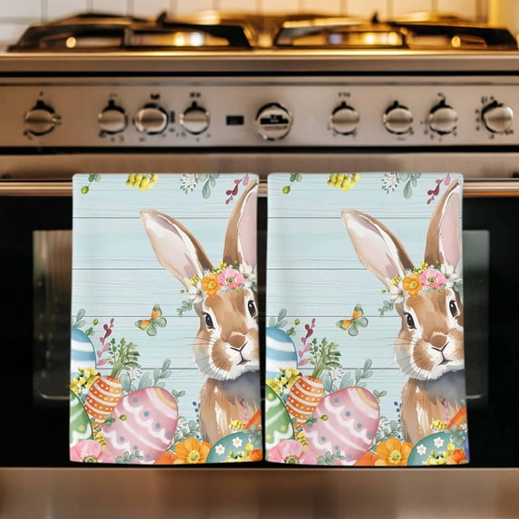 Easter Bunny Kitchen Towels Set of 3, Colorful Easter Eggs Eucalyptus Teal Wooden Absorbent Dish Towels for Kitchen, Microfiber Hand Towel, Quick Drying Tea Towel for Cleaning Decorative Dishcloths