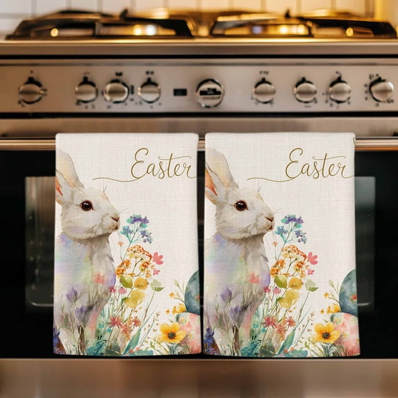 Easter Bunny Kitchen Towels Set of 3, Rabbit Spring Flowers Leaves Vintage Rustic Plants Absorbent Dish Towels for Kitchen, Microfiber Hand Towel, Quick Drying Tea Towel for Cleaning Dishcloths