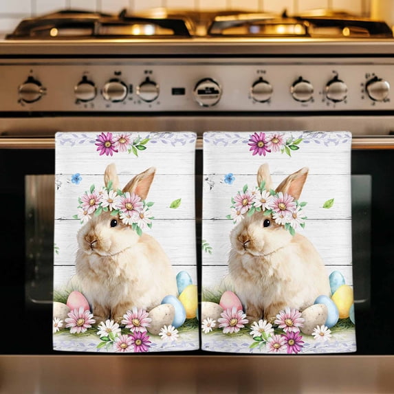 Easter Bunny Kitchen Towels Set of 3, Spring Daisy Flower Colorful Eggs White Wooden Absorbent Dish Towels for Kitchen, Microfiber Hand Towel, Quick Drying Tea Towel for Cleaning Dishcloths