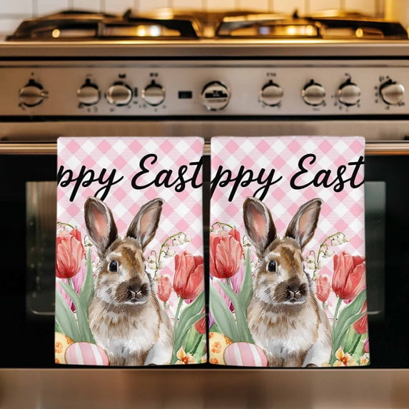 Easter Bunny Kitchen Towels Set of 3, Spring Tulips Floral Pink Farmhouse Plaid Absorbent Dish Towels for Kitchen, Microfiber Hand Towel, Quick Drying Tea Towel for Cleaning Decorative Dishcloths