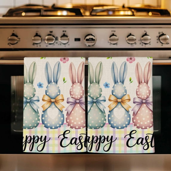 Easter Bunny Kitchen Towels Set of 3, Spring Watercolor Polka Dot Flower Plaid Beige Absorbent Dish Towels for Kitchen, Microfiber Hand Towel, Quick Drying Tea Towel for Cleaning Dishcloths
