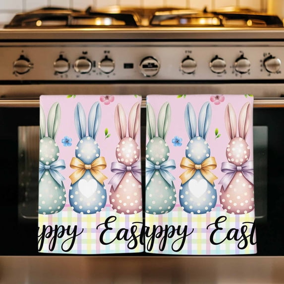 Easter Bunny Kitchen Towels Set of 3, Spring Watercolor Polka Dot Flower Plaid Pink Absorbent Dish Towels for Kitchen, Microfiber Hand Towel, Quick Drying Tea Towel for Cleaning Decorative Dishcloths
