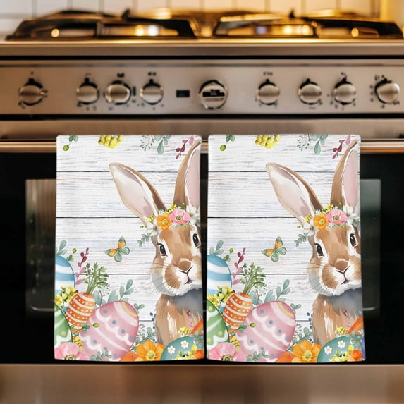 Easter Bunny Kitchen Towels Set of 4, Colorful Easter Eggs Eucalyptus Grey Wooden Absorbent Dish Towels for Kitchen, Microfiber Hand Towel, Quick Drying Tea Towel for Cleaning Decorative Dishcloths