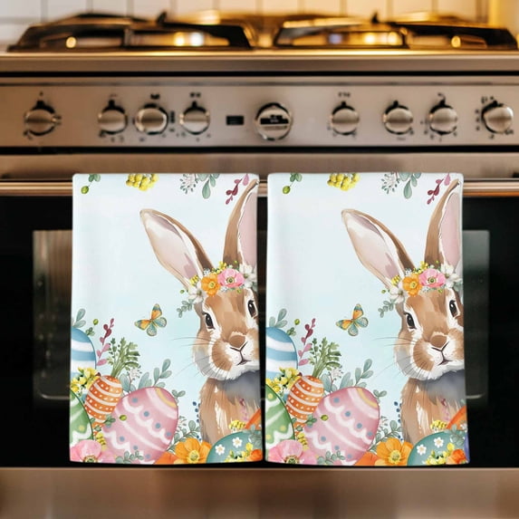 Easter Bunny Kitchen Towels Set of 4, Colorful Easter Eggs Eucalyptus Teal Ombre Absorbent Dish Towels for Kitchen, Microfiber Hand Towel, Quick Drying Tea Towel for Cleaning Decorative Dishcloths