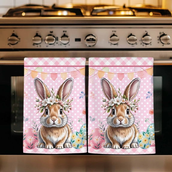 Easter Bunny Kitchen Towels Set of 4, Pink Polka Dot Colorful Eggs Checkered Plaid Absorbent Dish Towels for Kitchen, Microfiber Hand Towel, Quick Drying Tea Towel for Cleaning Decorative Dishcloths