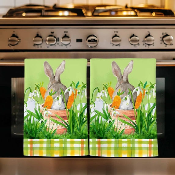 Easter Bunny Kitchen Towels Set of 4, Spring Green Garden Floral Botanical Plaid Absorbent Dish Towels for Kitchen, Microfiber Hand Towel, Quick Drying Tea Towel for Cleaning Decorative Dishcloths