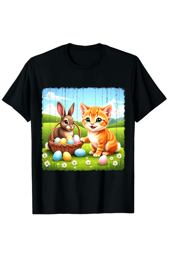 Easter Bunny Kitten Orange Cat Basket Spring Meadow Scene Short Sleeve T-Shirt for Women Men Pet Lover Holiday Graphic Tee