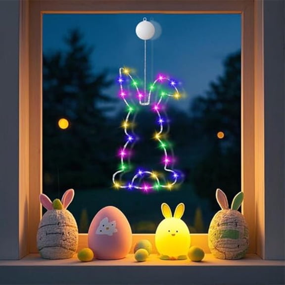 Easter Bunny LED Window Lights, Spring Hanging LED Decoration with Timer, Battery Operated Easter Window Lights for Indoor & Outdoor Decor