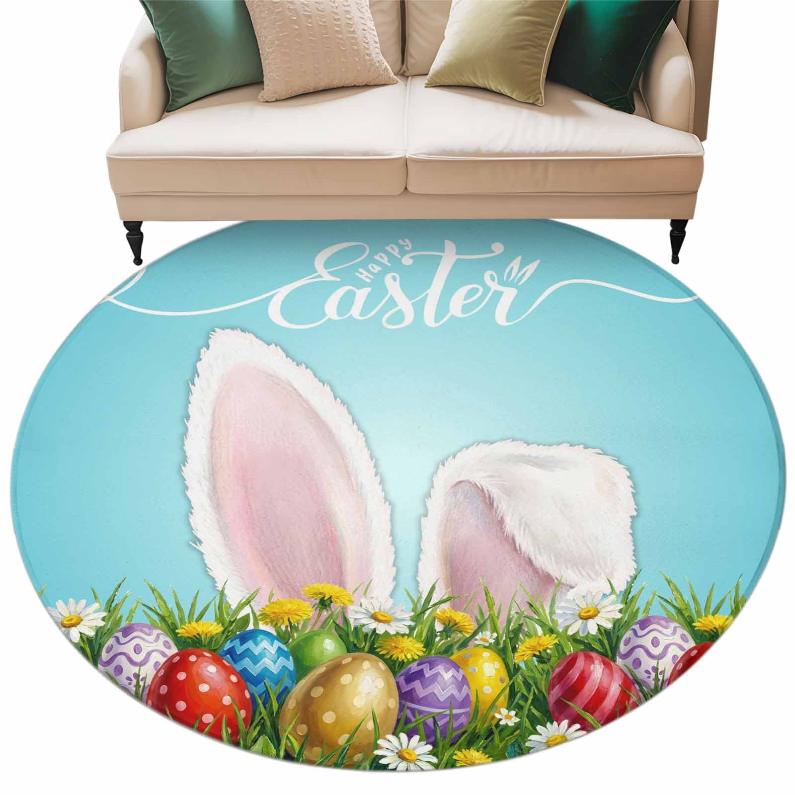 Round Easter Rug Easter Bunny Large Round Rug 7Ft Watercolor Rabbit Colored Eggs Spring ...