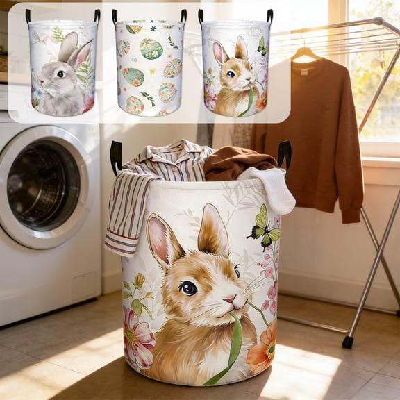 Easter Bunny Laundry Basket,Foldable Laundry Hamper With Handles,Large Canvas Fabric Lightweight Dirty Clothes Storage Bucket Toys Storage Organizer For Home Decor Easter Basket Stuffers Gift