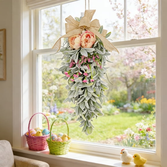 Easter Bunny Leaf Hanging Imitation Decoration – Spring Ear Leaf Wall Decor, Plastic & Fabric, Multicolor 23.6 x 11.8 in, Festive Home Mantel Display