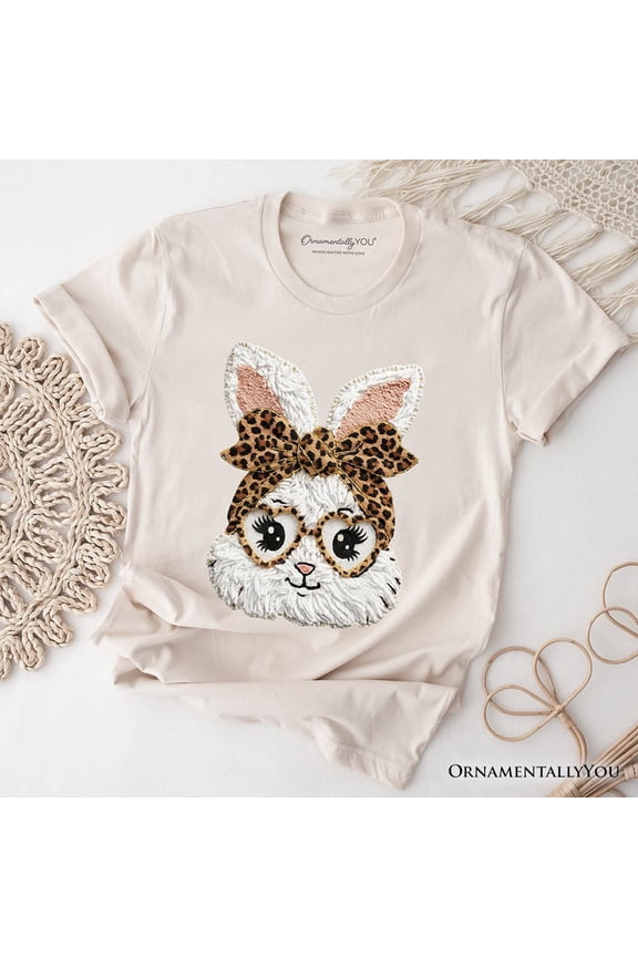 Easter Bunny Leopard Bow T-Shirt, Coquette Printed Faux Embroidery Girly Spring Tee