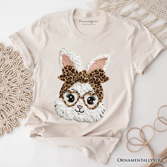 Easter Bunny Leopard Bow T-Shirt, Coquette Printed Faux Embroidery Girly Spring Tee