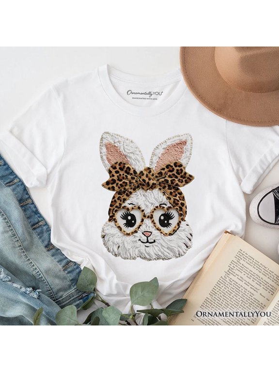 Easter Bunny Leopard Bow T-Shirt, Coquette Printed Faux Embroidery Girly Spring Tee