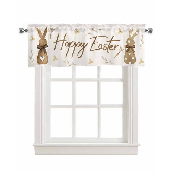 Easter Bunny Linen Curtain Valance for Bedroom/Bathroom/Kitchen/Office/Living/Dining Room Window,Brown Plaid Hearts Vintage Eucalyptus Flower Rod Pocket Topper Decorative Cafe Drapes Panel 42"x18"