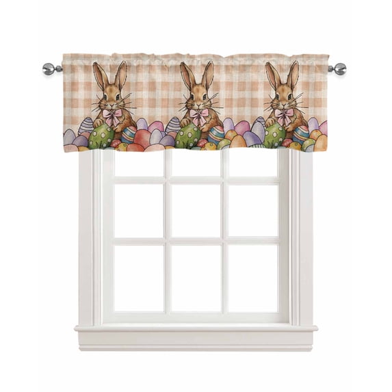Easter Bunny Linen Curtain Valance for Bedroom/Bathroom/Kitchen/Office/Living/Dining Room Windows, Vintage Plaid Orange Easter Eggs Rabbits Rod Pocket Topper Decorative Cafe Drapes Panel 42"x18"