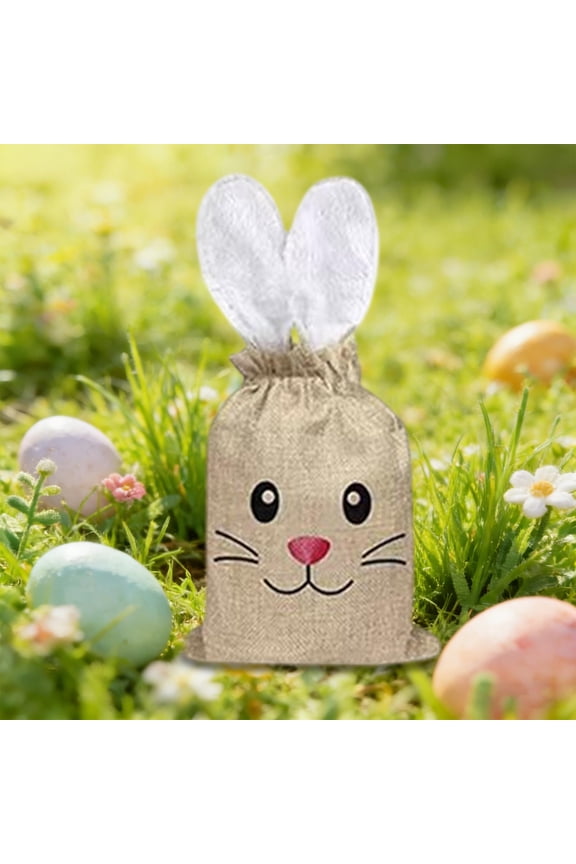 Easter Bunny Linen Drawstring Gift Bag with Plush Ears, Reusable Festive Treat Candy Bag, Lightweight Portable Storage Bag for Easter Egg Hunt Party Favors Decoration
