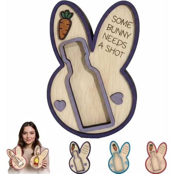 Easter Bunny Liquor Bottle Holder Wooden Ornaments, Easter Rabbit Shaped Wine Rack Bunny's Shot Mini Liquor Bottle Display for Party Birthday Animal Lovers Gifts (Purple)