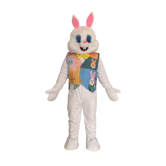 Easter Bunny Mascot Costume with Colorful Patchwork Vest, Yellow Bow Tie, Pink Ears, Adult Size Full Body Character Suit