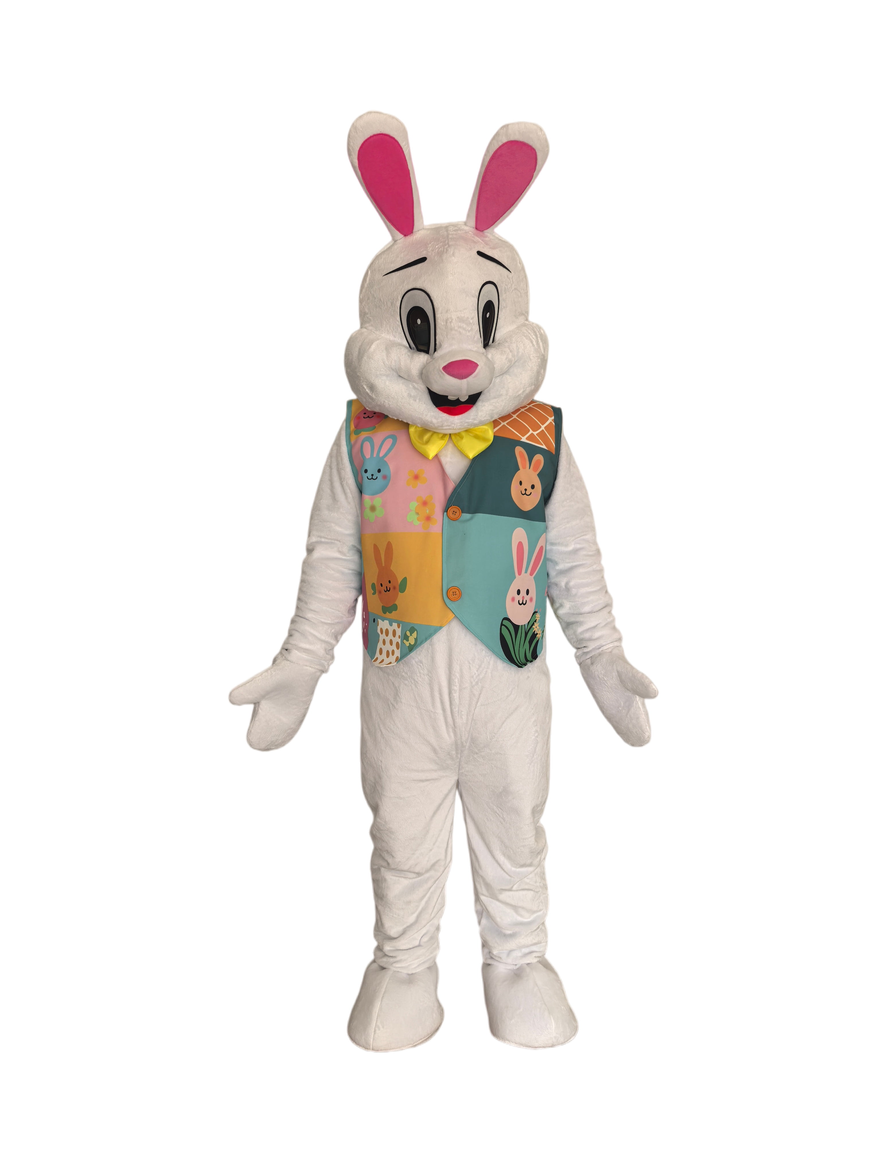 Custom Rabbit Event Easter Bunny Mascot Costume with Colorful Patchwork Vest, Yellow Bow ...