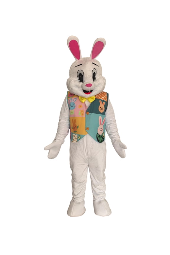 Easter Bunny Mascot Costume with Colorful Patchwork Vest, Yellow Bow Tie, White Rabbit Character Suit for Events and Parties